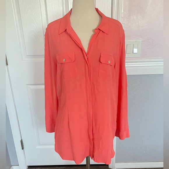 J. Jill Coral Color Button Down Tunic Top Size L Petite Rayon - Picture 2 of 12